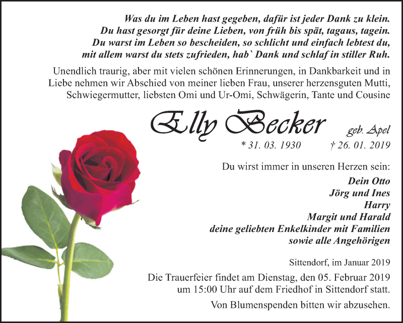  Traueranzeige für Elly Becker vom 02.02.2019 aus Mitteldeutsche Zeitung Sangerhausen