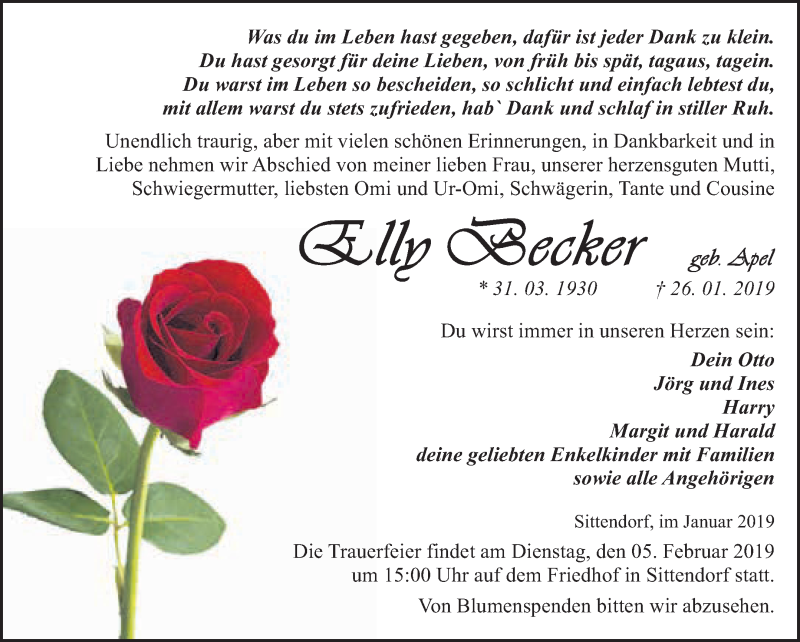  Traueranzeige für Elly Becker vom 02.02.2019 aus Super Sonntag SGH Mansf. Land