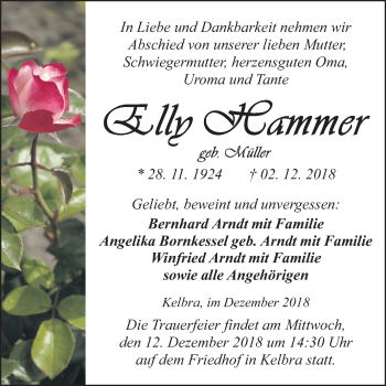 Traueranzeige von Elly Hammer von Mitteldeutsche Zeitung Sangerhausen