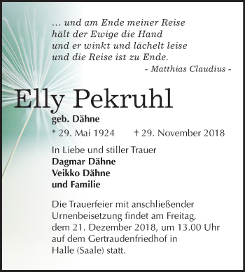 Traueranzeige von Elly Pekruhl von Mitteldeutsche Zeitung Halle/Saalkreis