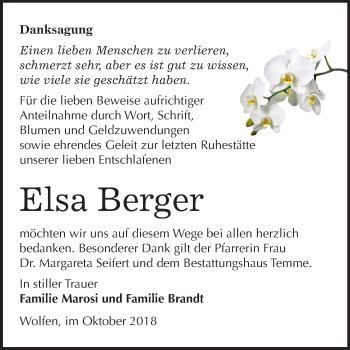 Traueranzeige von Elsa Berger von Mitteldeutsche Zeitung Bitterfeld