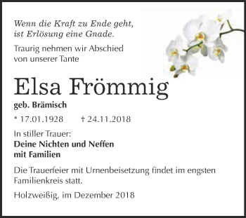 Traueranzeige von Elsa Frömmig von WVG - Wochenspiegel Bitterfeld