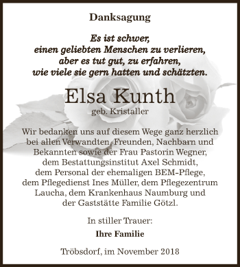 Traueranzeige von Elsa Kunth von WVG - Wochenspiegel NMB / WSF / ZTZ