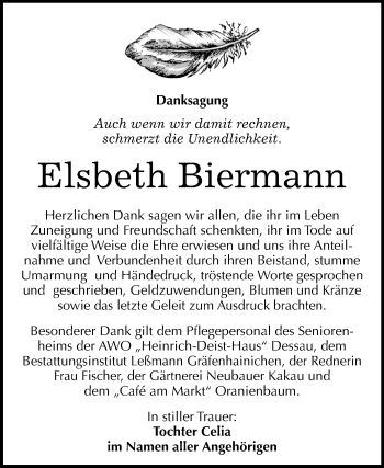 Traueranzeige von Elsbeth Biermann von Mitteldeutsche Zeitung