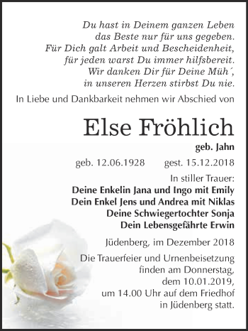 Traueranzeige von Else Fröhlich von WVG - Wochenspiegel Wittenberg