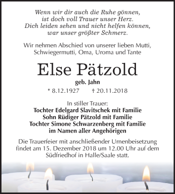 Traueranzeige von Else Pätzold von Mitteldeutsche Zeitung Halle/Saalkreis