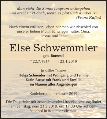 Traueranzeige von Else Schwemmler von Super Sonntag SGH Mansf. Land