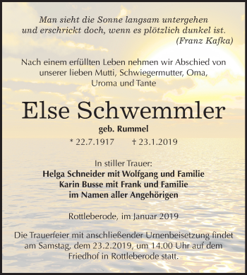 Traueranzeige von Else Schwemmler von Mitteldeutsche Zeitung
