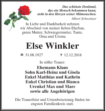 Traueranzeige von Else Winkler von Mitteldeutsche Zeitung Dessau-Roßlau