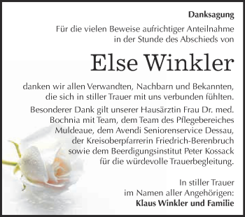 Traueranzeige von Else Winkler von WVG - Wochenspiegel Dessau / Köthen