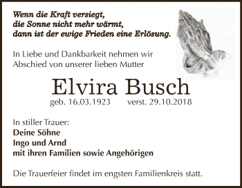 Traueranzeige von Elvira Busch von WVG - Wochenspiegel NMB / WSF / ZTZ