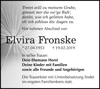 Traueranzeige von Elvira Fronske von Mitteldeutsche Zeitung Bitterfeld