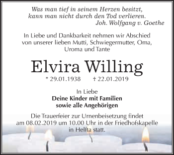 Traueranzeige von Elvira Willing von Super Sonntag SGH Mansf. Land