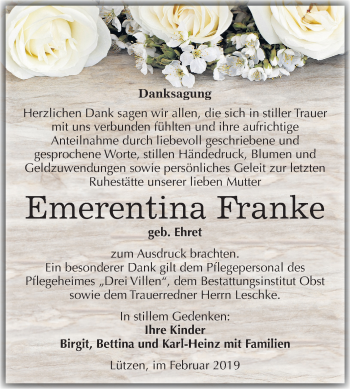 Traueranzeige von Emerentina Franke von Mitteldeutsche Zeitung Weißenfels
