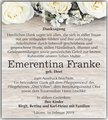 Traueranzeige von Emerentina Franke von Super Sonntag Merseburg