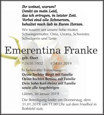 Traueranzeige von Emerentina Franke von Super Sonntag Merseburg
