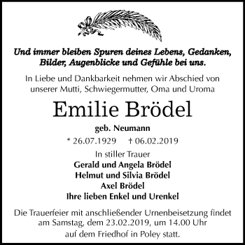 Traueranzeige von Emilie Brödel von Mitteldeutsche Zeitung Bernburg