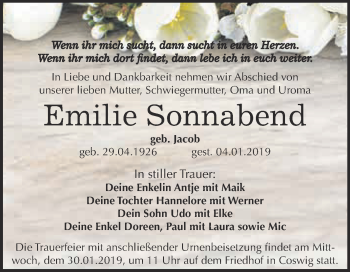 Traueranzeige von Emilie Sonnabend von Super Sonntag Wittenberg