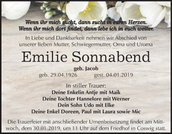 Traueranzeige von Emilie Sonnabend von Mitteldeutsche Zeitung Wittenberg