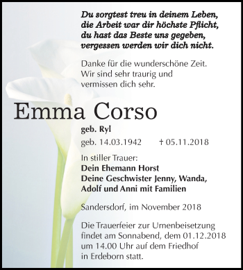 Traueranzeige von Emma Corso von Mitteldeutsche Zeitung Bitterfeld