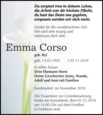 Traueranzeige von Emma Corso von WVG - Wochenspiegel Bitterfeld