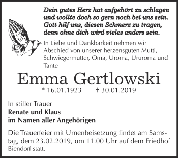Traueranzeige von Emma Gertlowski von Super Sonntag Bernburg