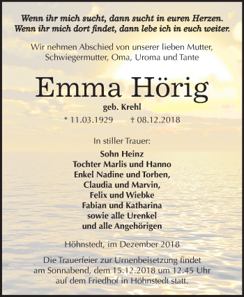 Traueranzeige von Emma Hörig von Mitteldeutsche Zeitung Halle/Saalkreis
