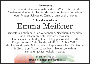 Traueranzeige von Emma Meißner von WVG - Wochenspiegel NMB / WSF / ZTZ