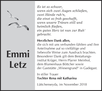Traueranzeige von Emmi Letz von WVG - Wochenspiegel Wittenberg