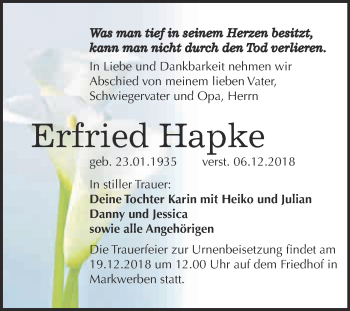 Traueranzeige von Erfried Hapke von WVG - Wochenspiegel NMB / WSF / ZTZ