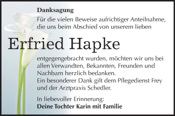 Traueranzeige von Erfried Hapke von Mitteldeutsche Zeitung Weißenfels