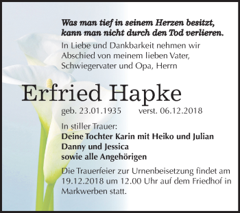 Traueranzeige von Erfried Hapke von Mitteldeutsche Zeitung Weißenfels