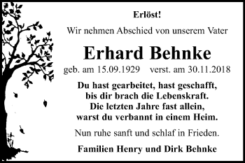 Traueranzeige von Erhard Behnke von Mitteldeutsche Zeitung Bitterfeld