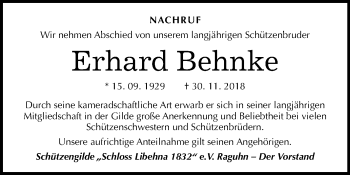 Traueranzeige von Erhard Behnke von Mitteldeutsche Zeitung Bitterfeld