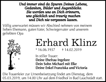 Traueranzeige von Erhard Klinz von Mitteldeutsche Zeitung Merseburg/Querfurt