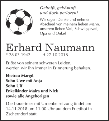 Traueranzeige von Erhard Naumann von WVG - Wochenspiegel Bitterfeld