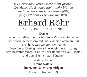 Traueranzeige von Erhard Röhr von WVG - Wochenspiegel Wittenberg