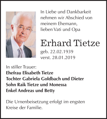 Traueranzeige von Erhard Tietze von Mitteldeutsche Zeitung Bernburg