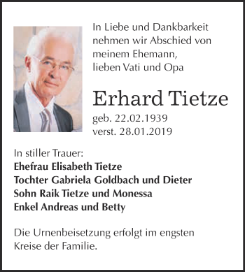 Traueranzeige von Erhard Tietze von Super Sonntag Bernburg