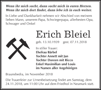 Traueranzeige von Erich Bleiel von WVG - Wochenspiegel Merseburg