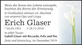 Traueranzeige von Erich Glaser von Super Sonntag Zeitz
