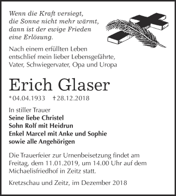 Traueranzeige von Erich Glaser von Super Sonntag Zeitz
