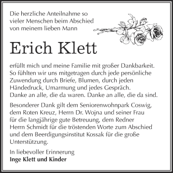Traueranzeige von Erich Klett von Super Sonntag Wittenberg
