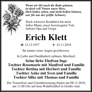 Traueranzeige von Erich Klett von WVG - Wochenspiegel Dessau / Köthen