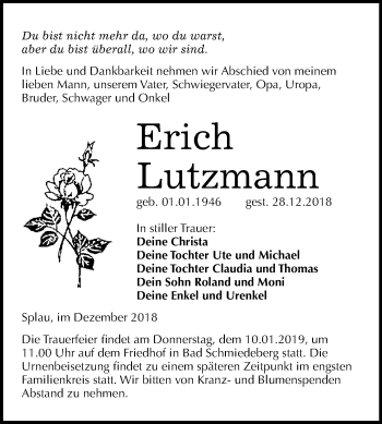 Traueranzeige von Erich Lutzmann von Mitteldeutsche Zeitung Wittenberg