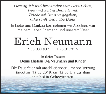 Traueranzeige von Erich Neumann von WVG - Wochenspiegel Dessau / Köthen