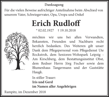 Traueranzeige von Erich Rudloff von Super Sonntag Merseburg