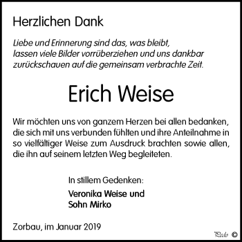 Traueranzeige von Erich Weise von WVG - Wochenspiegel NMB / WSF / ZTZ