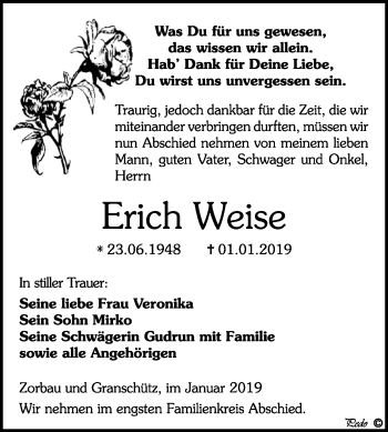 Traueranzeige von Erich Weise von WVG - Wochenspiegel NMB / WSF / ZTZ