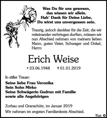 Traueranzeige von Erich Weise von Mitteldeutsche Zeitung Weißenfels